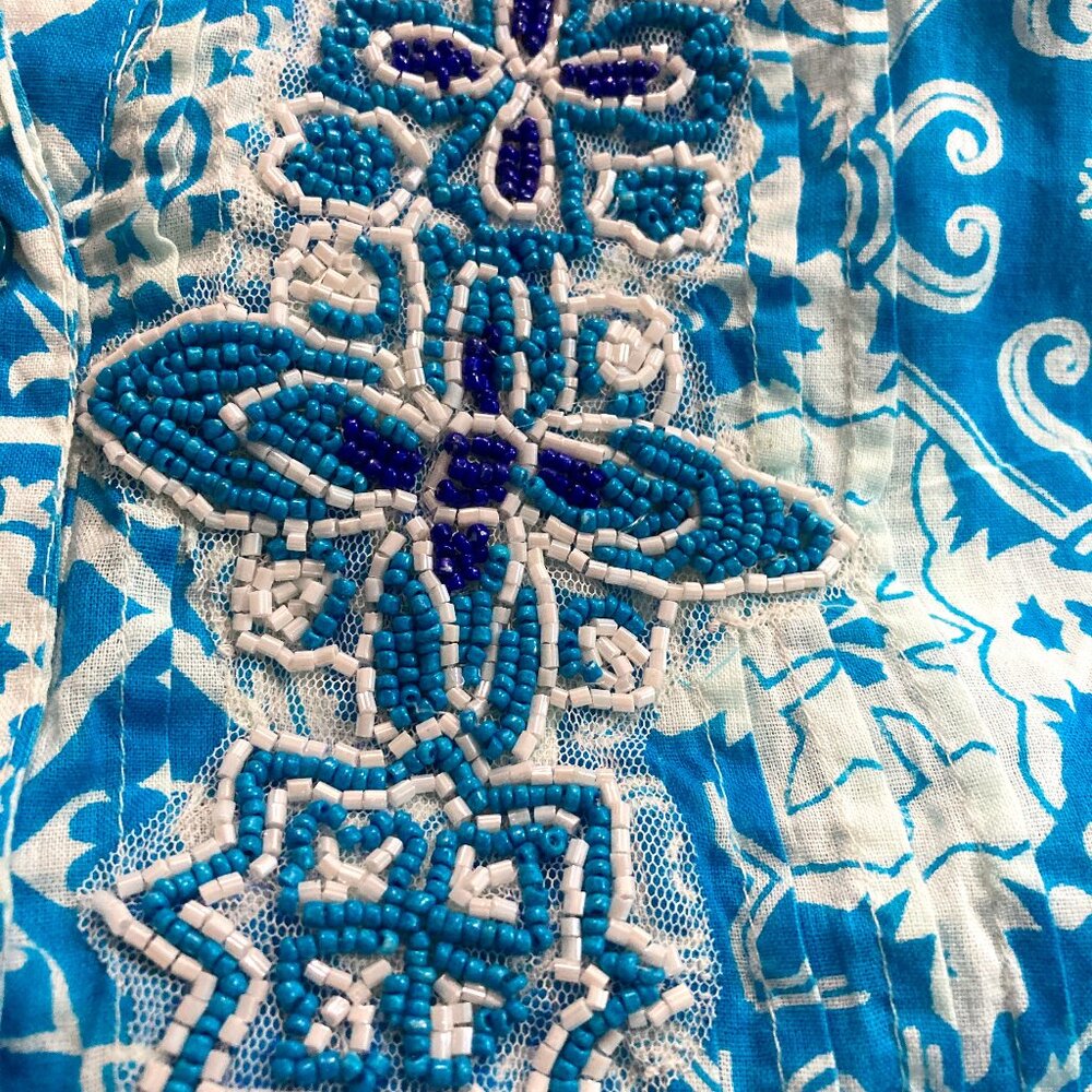 Siya Button up Dress Tiered Floral Beaded Pom Pom Hem Boho Cottagecore Blue L? - Picture 8 of 15